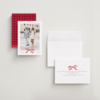 This is a crimson petite save the dates with standard by Olivia Kanaley Inman called crimson bow printing on recycled smooth signature in petite