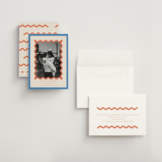 This is a papaya petite save the dates with standard by Blustery August called party squiggle printing on recycled smooth signature in petite