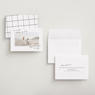 This is a pearl petite save the dates with standard by Lindsay Megahed called joyful jot printing on recycled smooth signature in petite