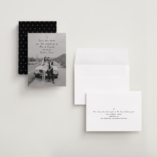This is a noir petite save the dates with standard by Olivia Raufman called noted printing on recycled smooth signature in petite