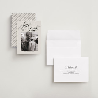 This is a buttercream petite save the dates with standard by Jessica Williams called belmont printing on recycled smooth signature in petite