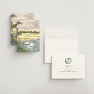This is a lake petite save the dates with standard by Teju Reval called dreamy pond printing on signature in petite