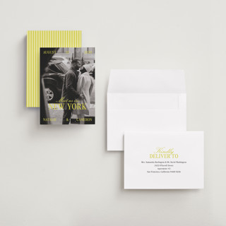 This is a sunline petite save the dates with standard by Pixel and Hank called metro printing on recycled smooth signature in petite