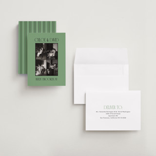This is a jade petite save the dates with standard by Morgan Kendall called quad printing on recycled smooth signature in petite