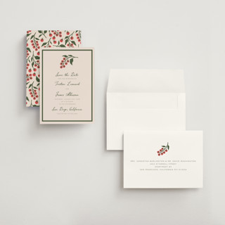 This is a sand petite save the dates with standard by Katharine Watson called tomato vine printing on signature in petite