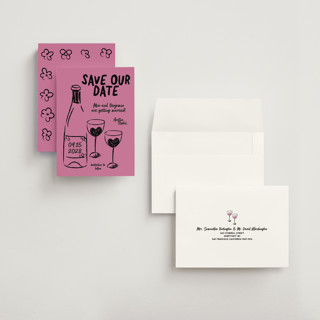 This is a pretty in pink petite save the dates with standard by Helena Vitto called heart of glass printing on signature in petite