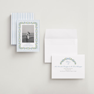 This is a ocean petite save the dates with standard by Creo Study called pillowy border printing on recycled smooth signature in petite