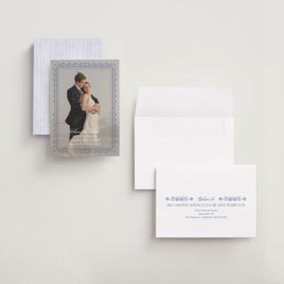 This is a cerulean petite save the dates with standard by Jenna Holcomb called embroidered printing on recycled smooth signature in petite