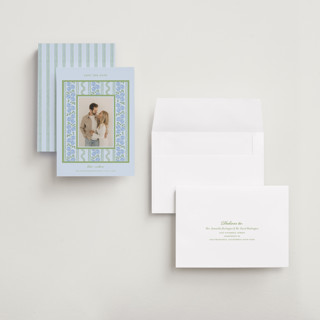 This is a coastal petite save the dates with standard by Madhvi Samimi called hydrangea vines printing on recycled smooth signature in petite