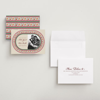 This is a ivory petite save the dates with standard by Sherley Ferreira called mughal gardens printing on recycled smooth signature in petite
