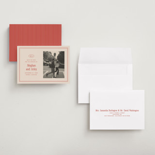 This is a cherry petite save the dates with standard by Ellen Schlegelmilch called cherry printing on recycled smooth signature in petite