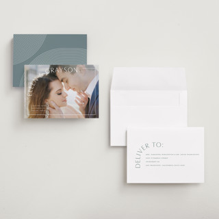 This is a snow petite save the dates with standard by Lauren Chism called take shape printing on recycled smooth signature in petite