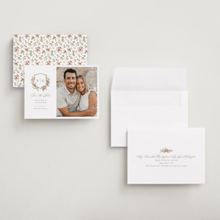 This is a mulberry petite save the dates with standard by Everett Paper Goods called foliage crest printing on recycled smooth signature in petite