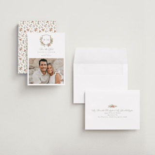 This is a mulberry petite save the dates with standard by Everett Paper Goods called foliage crest printing on recycled smooth signature in petite