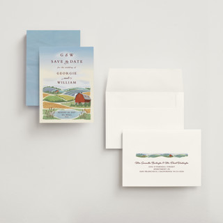 This is a sky blue petite save the dates with standard by Paper Sun Studio called farm and field printing on signature in petite