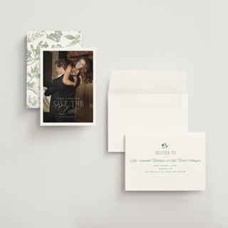 This is a moss petite save the dates with standard by Kelly Schmidt called woods printing on recycled smooth signature in petite