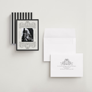 This is a latte petite save the dates with standard by Jackie Crawford called ornate sketched frame printing on recycled smooth signature in petite