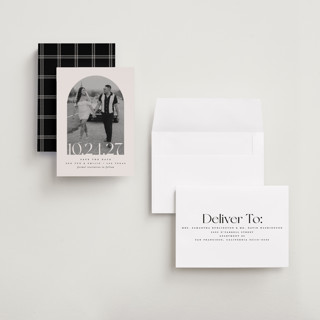 This is a latte petite save the dates with standard by Brooke Chandler called era printing on recycled smooth signature in petite