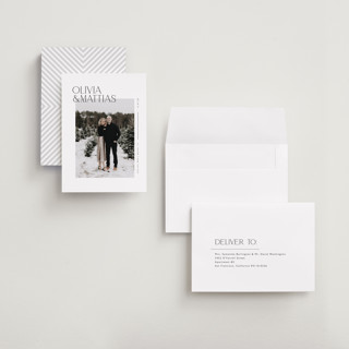 This is a silk petite save the dates with standard by Kelly Schmidt called overlapped printing on recycled smooth signature in petite