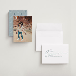 This is a pearl petite save the dates with standard by Brooke Chandler called curved date printing on recycled smooth signature in petite