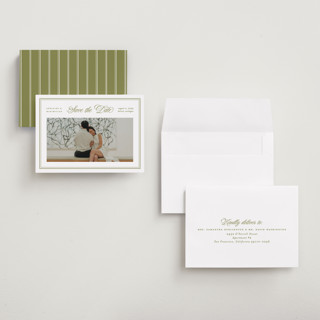 This is a olive petite save the dates with standard by Ellen Schlegelmilch called museo printing on recycled smooth signature in petite