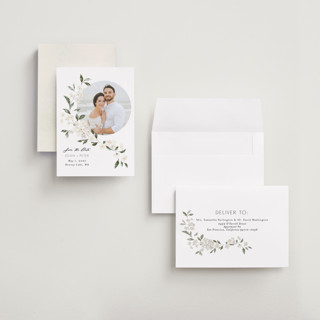 This is a porcelain petite save the dates with standard by Itsy Belle Studio called sweeping vine printing on recycled smooth signature in petite