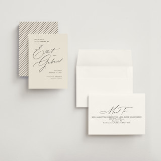 This is a ecru petite save the dates with standard by Hooray Creative called scripted names printing on signature in petite