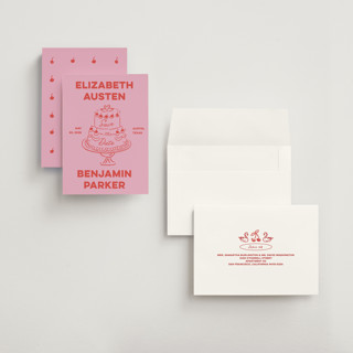 This is a cherry petite save the dates with standard by Helena Vitto called the cake printing on signature in petite