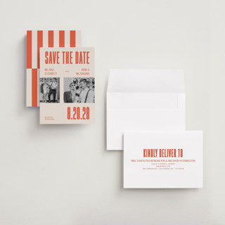This is a sunset petite save the dates with standard by Rachel Cassel called poster printing on recycled smooth signature in petite