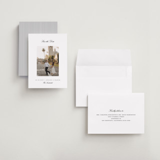 This is a snow petite save the dates with standard by Pixel and Hank called minimal printing on recycled smooth signature in petite