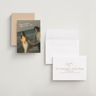 This is a moonstone petite save the dates with standard by Creo Study called slanted printing on recycled smooth signature in petite