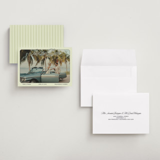 This is a palm sage petite save the dates with standard by Ani Somi called sunset ave printing on recycled smooth signature in petite