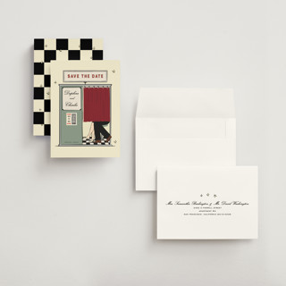 This is a vintage petite save the dates with standard by Jennifer Lew called photobooth printing on signature in petite
