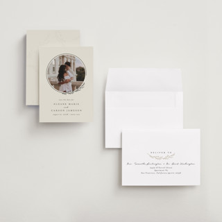 This is a almond petite save the dates with standard by Brianne Larsen called branched printing on recycled smooth signature in petite