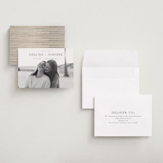 This is a downtown petite save the dates with standard by Ani Somi called happy sailing printing on recycled smooth signature in petite