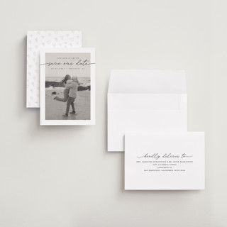 This is a tuxedo petite save the dates with standard by Pixel and Hank called simple details printing on recycled smooth signature in petite