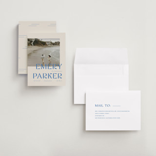 This is a capri petite save the dates with standard by Blustery August called cosmos printing on recycled smooth signature in petite