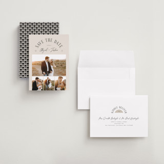 This is a taupe petite save the dates with standard by Michelle Taylor called archway printing on recycled smooth signature in petite