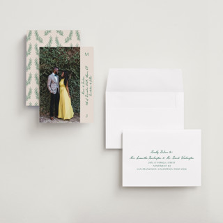 This is a ivory petite save the dates with standard by Petra Kern called simple scripty printing on recycled smooth signature in petite