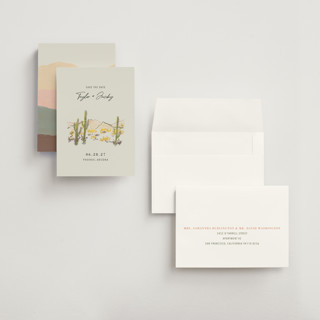 This is a olive petite save the dates with standard by Cass Loh called desert crayon drawing printing on signature in petite