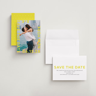 This is a sunflower petite save the dates with standard by Lori Wemple called type printing on recycled smooth signature in petite
