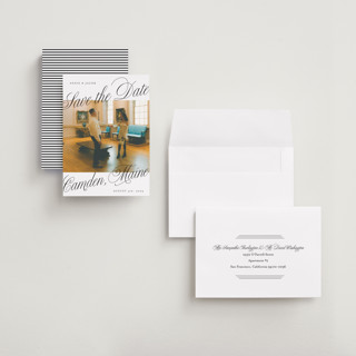 This is a snow petite save the dates with standard by Katharine Watson called bold script frame printing on recycled smooth signature in petite