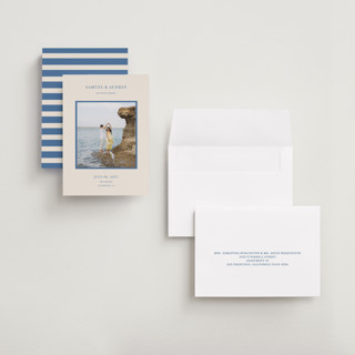 This is a beach blue petite save the dates with standard by Ani Somi called bermuda printing on recycled smooth signature in petite