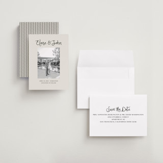 This is a tuxedo petite save the dates with standard by Megan Davis called camellia printing on recycled smooth signature in petite