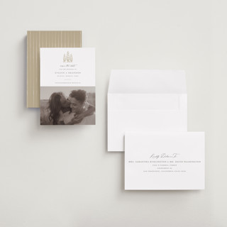 This is a champagne petite save the dates with standard by Sarah Brown called arborvitae printing on recycled smooth signature in petite