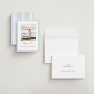 This is a dusty blue petite save the dates with standard by Jennifer Postorino called coastal charm printing on recycled smooth signature in petite