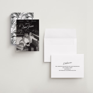 This is a snow petite save the dates with standard by Inkblot Design called vintage trip printing on recycled smooth signature in petite