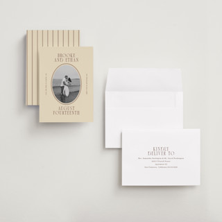 This is a buttercream petite save the dates with standard by Angela Garrick called ethan printing on recycled smooth signature in petite