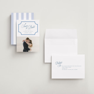 This is a bluebell petite save the dates with standard by Jessica Williams called marenza printing on recycled smooth signature in petite