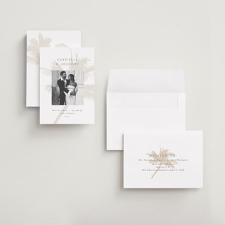 This is a ecru petite save the dates with standard by AK Graphics called palm printing on recycled smooth signature in petite